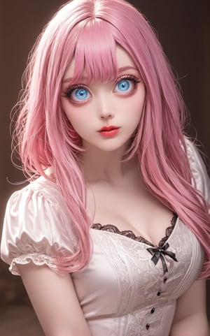 (Antique style, girly, pink hair, Blue eyes, big eyes)
