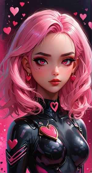 The image provided is a digital illustration of a female character. The character's features are exaggerated and stylized, with prominent pink hair, dark eye makeup, and a contemplative expression. She wears a bodysuit adorned with hearts and the number 9, which could suggest a theme or identity related to the character. The colors used in the illustration are muted yet vibrant, with the pink elements standing out against the softer background. There is no additional context provided within the image itself.