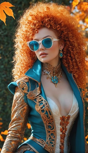 Half-body portrait of an Autumn Enchantress, perched on a biomechanical exoskeleton, suggestive of 3D print techniques, draped in a dress that mirrors the intricate weave of gossamer and autumn leaves, adorned with a celestial-themed ornate jacket embellished with gold buttons, her asymmetrically colored hair in hues of orange, white and turquoise, embracing an array of oversized sunglasses and whimsically curled strands, amidst a game of wolf-themed chess pieces, direct gaze engaging