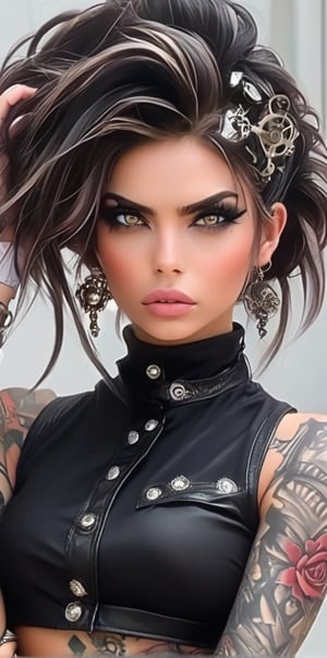 A punk-rock princess with dark, luscious locks styled in a messy bun, held in place by a pair of silver clips adorned with gears. Her skin is adorned with intricate tattoos and piercings, while her eyes gleam with anime-inspired intensity. She wears a Victorian-style skirt paired with black leather pants and a cropped top featuring Gothic-inspired lace,Gothic-chic style