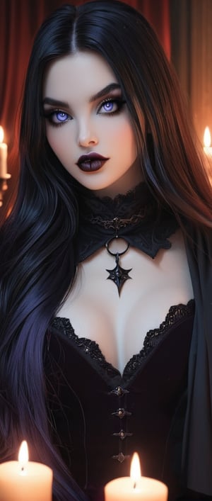 A 17th century Gothic-inspired portrait of a stunning female vampire, her porcelain skin illuminated by the soft glow of candlelight. Her piercing eyes gleam with an otherworldly intensity as she showcases her razor-sharp fangs. A velvet-draped background and dark, heavy curtains create a foreboding atmosphere, while her raven-haired locks cascade down her back like a river of night.