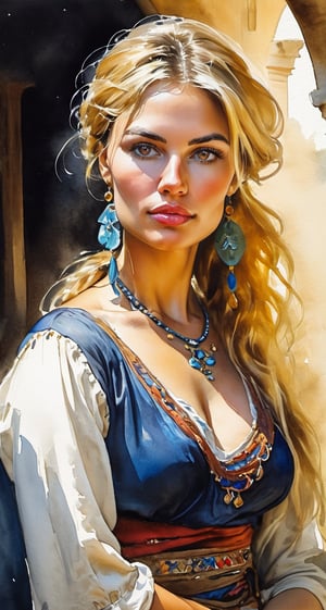 Watercolor painting by Greg Rutkowski of a beautiful blonde female gypsy, player character portrait, dramatic pose, medium shot, medieval fantasy setting