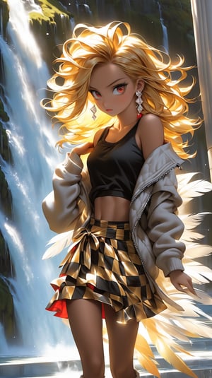 Brown, red, gold, golden hair, Red eyes, One good looking girl, solo, sexy, Checkered mini skirt, Black camisole, Black T-shirt, hoodie, Wearing a ribbon, Ribbon on waist, Crystal Earrings、 Light and shadow, Tilting face, Marble pillar, waterfall, Feather coat