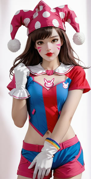 1girl, solo, (((brown hair, gloves, hat, brown eyes, shorts, cosplay, facepaint, jester cap, clown, d.va \(overwatch\)))