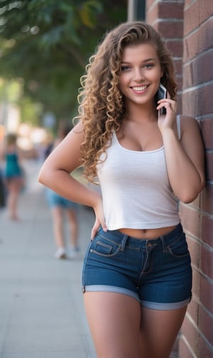 The image features a happy young beautiful woman standing on a sidewalk, smiling, beautiful long and curly hair, wearing a tank top and blue jean shorts. She is posing for the camera and appears to be confident and attractive. The woman has a curvy figure, which is accentuated by her clothing. She is holding a cell phone in her hand The setting is a city sidewalk, with a building in the background, adding to the urban atmosphere of the scene, portrait photography, dynamic composition, masterpiece, highly detail. 35mm photograph, film, bokeh, professional, 4k, highly detailed.

