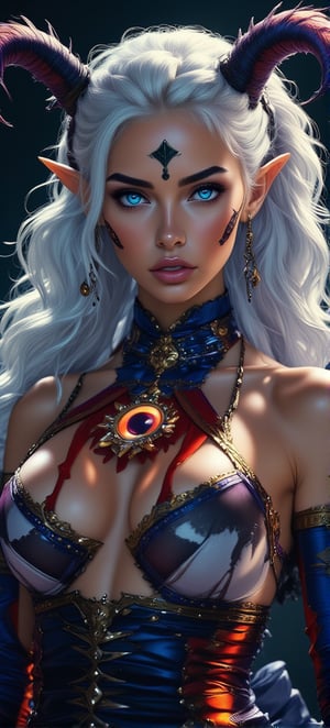 portrait, beautiful, tiefling shaman, white hair, red skin, side bangs, horns, barbarian, gladiator, war paint, tribal markings, long tail, blue skin, pink eyes, glowing eyes, smug, dramatic lights, uhd DSLR shot, hyperrealistic photorealistic,BOOREAL2,ek_ph0t0_b00ster,Anime Style