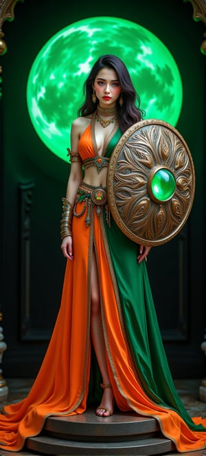 The image showcases a striking figure of a woman of an elegantly poised woman adorned in elaborate, ornate attire. She is dressed in vibrant orange and green fabrics that drape fluidly around her, complemented by intricate jewelry and body adornments. Her stance exudes grace and strength, with one arm positioned downward and the other holding a circular, richly designed shield that features an eye-catching green orb and intricate patterns. The background behind her is highlighted by a radiant green halo, adding a mystical ambiance to the overall composition. She stands on a round pedestal, accentuating its commanding presence.,Midjourney_Whisper