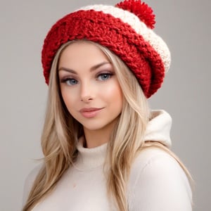 A woman in a knitted hat with a pom pom, white and beige (((red border color)))