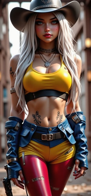 HighestQuali,tmasterpiece：1.2,Detailed details,4k,unreal-engine:1.4,Ultra-realistic 64K CG, Fotorrealista:1.4, Skin texture:1.4, tmasterpiece:1.4,cyber punk style,A beautiful woman in a  cowboys hat,cowboys,long whitr hair、Yellow cyberpunk-style shorts, Red pantyhose , The miniskirt is blue,FLUXCyberpunknime,REALNIME, QTGIRLREAL