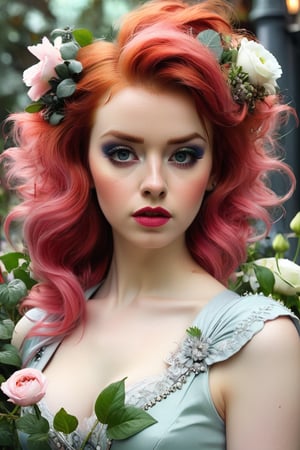 portrait of Victorian 80s punk woman with red hair, a splash of pastel colors, plants, and flowers, Tom Bagshaw,