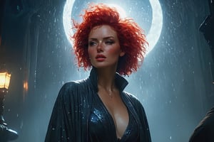 Queen of the night, goddess, Red hair, predatory look, by adrianus eversen and pascal blanche and rutkowski repin and Jean-Baptiste Monge and wlop, natural red hair, an ultra hd detailed painting, digital art, dust particles, beautiful, glittering, filigree, rim lighting, lights, extremely magic, surreal, fantasy, digital art, drops, artgerm and james jean, cinematic, by pascal blanche, rutkowski repin, artstation, hyperrealism painting, concept art of detailed character design, matte painting, 8K resolution, blade runner
