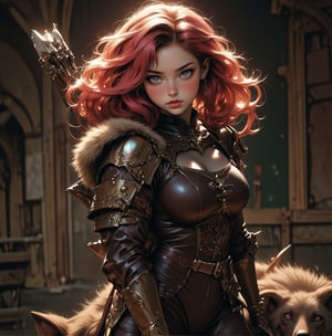 4K anime style quality, digital drawing mode, rugged ranger with shoulder-length red hair and piercing green eyes, wearing leather armor with fur trim, accompanied by a massive dire wolf, standing in a dense forest dungeon, radiant skin with a sun-kissed glow, fierce and watchful expression, full body, dynamic pose as she draws her bow, ready to strike, life size, perfect anatomy, detailed skin texture, full HD, 4K, HDR, perfect anatomy, depth of field FLUX_QTNimE_2,REALNIME,FLUX_QTGirlNimE,BOOREAL2