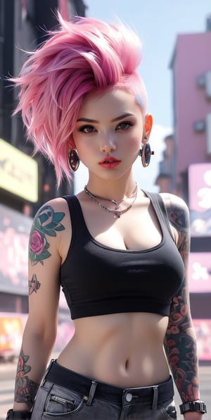 (top-quality、8K、32K、​masterpiece、nffsw:1.3)、(Photorealsitic:1.4),sexy punk girl, solo, breast, A detailed eye、Detailed lips,Wacky punk hair,Radical punk fashion,Tank Tops、Wacky makeup、A pink-haired,、Tattoos on the body,、Street background、Backlight effect、depth of fields,blurry backround,,,,,,,,,,,,3d toon style