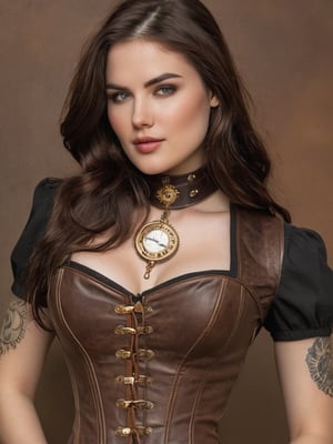 (((A stunning sexy woman in steampunk))) A captivating steampunk beauty, adorned in a sleek leather corset with intricate brass buttons, commands attention with her fierce gaze. (((Her tattooed arms tell stories of adventure and rebellion))), perfectly complementing her bold and stylish ensemble. A delicate choker with a vintage key pendant adds a touch of elegance to her powerful look, accentuating her confident and alluring aura. Set against a rustic, industrial backdrop, she embodies the essence of steampunk with a modern twist.