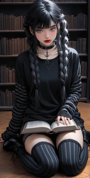 1girl, solo, long hair, (((looking at viewer, shirt, black hair, thighhighs, long sleeves, sitting, closed mouth, collarbone, braid, boots, choker, striped, black thighhighs, indoors, black footwear, twin braids, collar, lips, parted bangs, grey eyes, book, black shirt, wariza, striped thighhighs, between legs, realistic, on floor, arm warmers, bookshelf, shop, gothic, striped sleeves)))