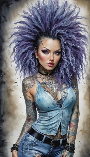 Asa akira, Tim Burton inspired, Get Ur Freak On, Full-body portrait: beautiful freaky face, detailed sultry eyes with perfect-circle irises, freaky piercings and tattoos, freaky detailed clothing, freaky hair, freaky background, freaky atmosphere, watercolor wash, subdued color, gritty, A Joe Madureira Masterpiece inspired by Magali Villeneuve, Anne Stokes, Luis Royo, and WLOP, 8k Ultra HD.