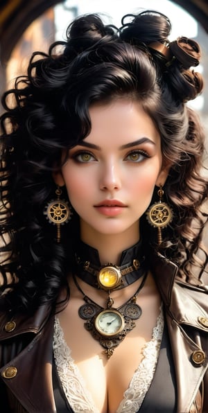 1 girl, solo, portrait of a mysterious woman in steampunk style. The woman is strikingly beautiful, with long, curly black hair cascading over her shoulders. Her skin is porcelain white, providing a stunning contrast to her deep olive eyes that captivate with their intensity.
The in-camera framing should be a close-up, capturing her face and upper torso. She is dressed in an elegant steampunk outfit, featuring a high-collared, dark brown leather jacket with intricate brass buttons and lace details. Around her neck is a choker with a small, intricate gear pendant, and her ears are adorned with delicate, mechanical-inspired earrings.
The background is a blend of Victorian elegance and industrial elements, with exposed brick walls partially covered by rich, dark drapes, and large, ornate gears and pipes adding to the steampunk aesthetic. Soft, warm light filters through the scene, casting gentle shadows that enhance her features and add depth to the image.
The color palette includes deep browns, rich burgundies, and muted golds, contrasted with her vibrant olive eyes and the metallic sheen of the steampunk accessories. The overall atmosphere should evoke a sense of mystery and allure, with the woman’s enigmatic gaze drawing viewers into her captivating world.
(masterpiece:1.2), (best quality:1.2), (very aesthetic:1.2), (absurdres:1.2), (detailed background),(detailed face:1.1), (perfect hands:1.1), (defined features:1.1), newest,ai-generated, (only 2arms), (only2 legs), (only2 hands), (5fingers on each hand), (dynamic pose:1.8,Woman, mature, black hair, curly hair, olive eyes, pale skin , slim waist,Woman, mature, black hair, curly hair, olive eyes, pale skin , slim waist ,style of Steve McCurry