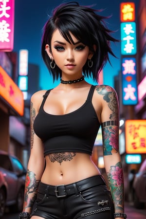 anime artwork A photo of a punk-inspired, edgy-looking young woman with a slender frame, black hair, wearing dystopic fashion, lowrise pants, a revealing crop top, showing off her midriff and adorned with intricate tattoos, captured in a neon-lit Neotokyo suburb. . anime style, key visual, vibrant, studio anime, highly detailed