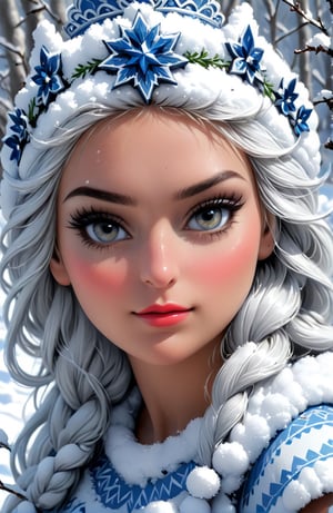 Very beautiful Snow Maiden in a snow crown, photorealistic painting by Anna Katarina Blok, presented at the cg society, fantasy art, detailed painting, charming, daz3d
