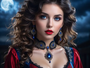 The Beauty, full body potrait of a photorealistic beautiful brunette seductress, long curly hair, dark sky, gloomy, exotic black and red victorian dress, choker style colar, blue color eyes, detailed face, cyperpunk, full body, magic fantasy, wow effect, rubens style, Miki Asai Macro photography, close-up, hyper detailed, trending on artstation, sharp focus, studio photo, intricate details, highly detailed, by greg rutkowski, Miki Asai Macro photography, close-up, hyper detailed, trending on artstation, sharp focus, studio photo, intricate details, highly detailed, by greg rutkowski
,SDXL,Realistic,woman