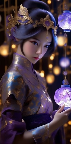 a girl characters in a fantasy setting looking at lighted objects, in the style of photorealistic painting,gongbi, gold and azure, i can't believe how beautiful this is, illusory wallpaper portraits, graceful movements, kintsugi, silver and purple style expressive