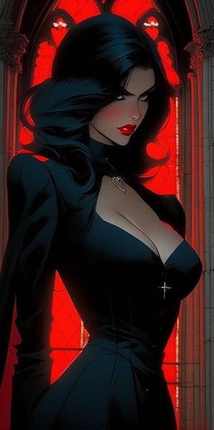 cinematic detailed illustrations of a vampiric girl in a cathedral background 1980s anime in the style of victoria goth, sexy body big breast realist detail, pulp comics, dark red