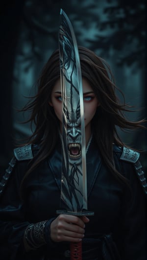 In a dimly lit, misty forest clearing, a fierce Japanese female warrior stands poised, her eyes gleaming with determination. She holds a reflective, shiny katana vertically in front of her face, its curved blade glinting like a mirror. The ancient mythical Japanese demon is eerily reflected within the katana's surface, its menacing features distorted by the metallic curve. SamuraiArt