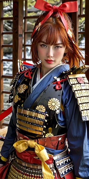 1girl,dressed in samurai-style armor, She wears traditional Japanese armor reminiscent of a samurai,Blue coat, yellow hakama ,The design blends elegance with strength, portraying her as a warrior princess,(Large red head ribbon), Adorning her head is with a faintly red ribbon tied, shining brightly, warrior samurai, score_9