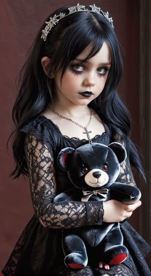 A pale-skinned gothic tattooed little girl in a tattered black lace dress, with dark makeup and a silver cross necklace, clutching her demon Teddy bear. The girl's jet-black hair cascades down her shoulders, framing her eerie, pale face. The Teddy bear is a haunting creature with vibrant red eyes, sharp fangs, and charred, tattered fur. They stand together in the dimly lit room, shadows dancing in the background, creating a chilling and otherworldly atmosphere. 24k ultra-HD hyperdetailed, 22k ultra-HD hyper-realistic, 22k ultra-HD colors and tones, award-winning animations, and illustrations seamlessly meld with the image before you. Artist done by Russell Atkinson