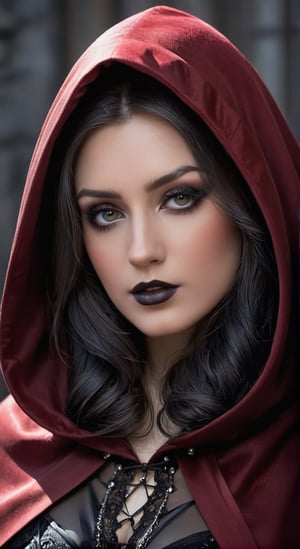A detailed gothic portrait of a  sexy woman, large breast, wearing a black veil and a hooded dark cloak, showcasing intricate gothic art style and fashion. The image exudes a dark and gothic vibe, reminiscent of gothic romance and Victorian gothic aesthetics. The woman, with a sense of devotion to the scarlet woman, appears as a dreamy gothic girl or a dark robed witch, elegantly dressed in a beautiful red cloak.