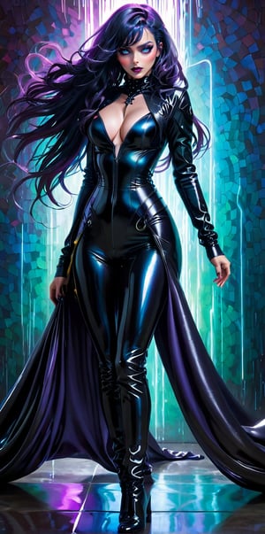 A woman in a sleek, modern gothic pose, draped in black leather and latex that accentuates her ((sinuous)) curves. She stands against a backdrop of metallic surfaces, her hair a striking mosaic of electric blues, purples, and greens.