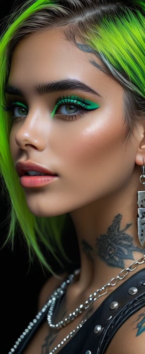 Photo 32k hyper-detailed ultra-realistic depiction oil paint side view, a beautiful young woman with hair that stands up like a panker in neon colors, she has a leather band with studs and silver chains around her neck, black crosses as earrings, neon colored make-up, bright green eyes, tattoos on the neck and ears, background black and white blurred.