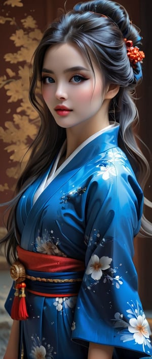 Girl with blue kimono geisha long hair intricate, Elegant, highly detailed, digital painting, splash art