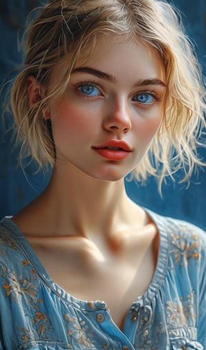Full body Portrait of a beautiful schoolgirl with blue shining eyes and sensual pout look to heaven, otherworldly beauty, blonde wild haircut, shabby perfect face, charismatic view, mysterious, boho Lifestyle freebird, natural beauty, detail realism, very detailed, high quality, style Catrin wetzl stein, ultra hd, realistic, vivid colors, highly detailed, UHD drawing, pen and ink, perfect composition, beautiful detailed intricate insanely detailed octane render trending on artstation, 8k artistic photography, photorealistic concept art, soft natural volumetric cinematic perfect light