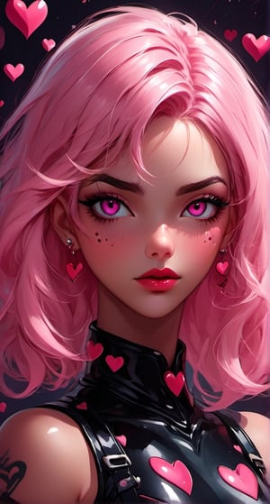 The image provided is a digital illustration of a female character. The character's features are exaggerated and stylized, with prominent pink hair, dark eye makeup, and a contemplative expression. She wears a bodysuit adorned with hearts and the number 9, which could suggest a theme or identity related to the character. The colors used in the illustration are muted yet vibrant, with the pink elements standing out against the softer background. There is no additional context provided within the image itself.