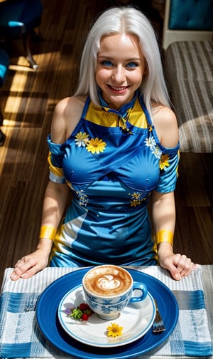 vibrant colors, woman,((medium breast)), masterpiece, sharp focus, best quality, depth of field, cinematic lighting, white hair, blue eyes, bright smile, blue and white flowers, blue luxurious dress, blue and white theme, red eyes, yellow hair, very long hair, cafe, indoors, setting, food, from above, smiling, casual clothes,