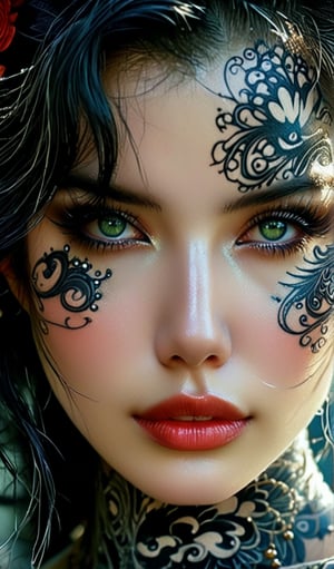 a close up of a woman with tattoos on her face, anime fantasy artwork, mysterious gaze, stunning render, villainess, grasping intricate filigree, black scars on her face, unusually unique beauty, inspired by Mark Brooks, by Zeen Chin, visible eyes, anthropomorphic female cat, royo, skilled geisha of the japanese, fractal skin,goth person
