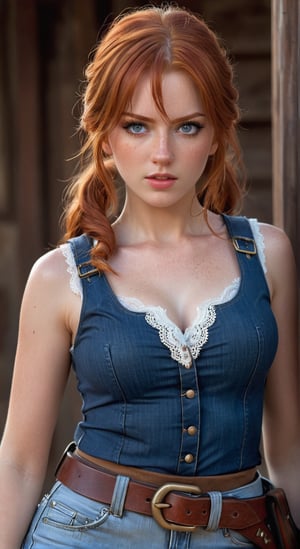 Anime action scene, A stunning anime redhead female gunfighter with petite frame and murder in her eyes, detailed in focus anime face with HD 8K big in focus angry eyes and freckles on her nose cheeks and shoulders, striking feminine features, and a light dusting of freckles, wearing a delicate lace tank top and form-fitting blue jeans. Old-west clothes. She is adorned with a detailed gunslinger gun belt, standing confidently with a fierce glint in her eye, ready for action. masterpiece, best quality, intricate, detailed, sharp, focused sci-fi landscape