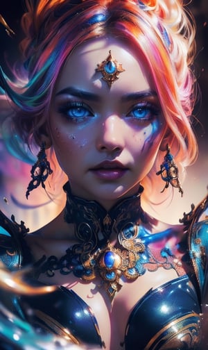 (masterpiece), (best quality), (ultra-detailed), Ultra detailed masterpiece best quality, Maximaliset Rococo. Astral Escape! Splash art, portrait of Vietnamese, red indigo haired Vietnamese, StarCraft Inspired, epic, artstation, splash style of colorful paint, contour, hyperdetailed intricately detailed, fantasy, unreal engine, fantastical, intricate detail, splash screen, complementary colors, fantasy concept art, 16k resolution, deviantart masterpiece, oil painting, heavy strokes, paint dripping, splash arts, neon ambiance, muted colors, watercolor style, filigree detailed, rim lighting, magic, surreal, fantasy, ultra, realistic, sharp features, highly detailed, sharp focus, muted colors, perfect face, perfect eyes, perfect full lips, supple female form, vivid, cinematic, Film light, Hyper detailed, Hyper realistic, masterpiece, atmospheric, high resolution, vibrant, dynamic studio lighting, wlop, Glenn Brown, Carne Griffiths, Alex Ross, artgerm and james jean. spotlight, tilt shift camera., Miki Asai Macro photography, close-up, hyper detailed, trending on artstation, sharp focus, studio photo, intricate details, highly detailed, by greg rutkowski ,perfecteyes,real,High detailed ,photo of perfecteyes eyes