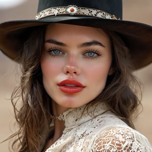 Old West 1887, Breathtaking Beauty, center of photo, woman (((sexy lips, cowgirl hat)))  looking at camera, delicate face, intense expression, perfect eyes, perfect mouth, perfect nose, delicate lace, 16k, sharp focus, 4 k resolution blade runner, stunning, breathtaking beauty, pure perfection, divine presence, unforgettable, impressive, breathtaking beauty