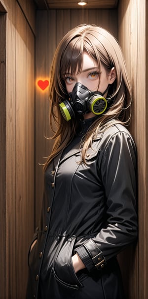 mature female, expressionless, bar, leaning against wall, interior, wooden interior, 1girl, brown hair, shoulder-length hair, yellow eyes, respirator, black jacket, glowing heart