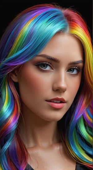 A stunning woman with flowing rainbow-colored hair in a vibrant digital artwork. The colors are vivid and saturated, giving the portrait a fantasy-like quality. The image is created with digital airbrush painting techniques, showcasing a beautiful and artistic representation with a mix of bright and bold hues. The woman's beauty is enhanced by the rich and realistic colors, making this a captivating piece of colorful digital art. cinematic, epic realism,8K, highly detailed, rich textures, wide shot, sharp focus, high detail, 4k, masterpiece, photo, digital art, fantasy, the dark 