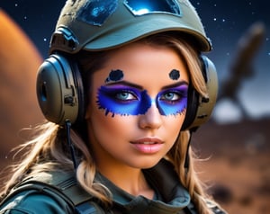 Junior officer, girl army soldier scouting alone (headshot bullet hole midnight Camo Face Paint) though a alien planet looking for targets of opportunity. High resolution, nighttime shot, epic pic