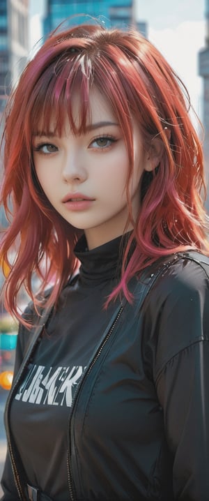 1girl, solo, looking at viewer, upper body, pink hair, red hair, multicolored hair, blurry, lips, building, city, realistic