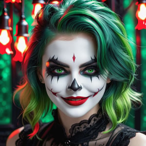 Best quality,Ultra-detailed,Realistic,Portrait,Artistic, Vibrant colors, Detailed facial features, Manic expression, Green hair, Red lipstick, Sinister smile, white face paint, eerie lights, Gothic background