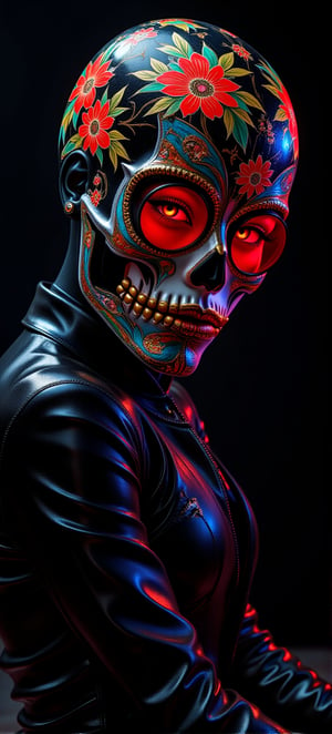 (masterpiece, best quality) , 1lady, solo, anime girl wearing skull facemask, in the style of cyberpunk imagery, looking back, (medium long shot), realistic hyper-detailed portraits, womancore, metallic accents, outrun, hyper-realistic pop, angelcore, illustration, ink artistic conception, with typography elements, abstract, complementary colors, mosaic of characters, wallpaper style, simplicity, Chinese painting, black background,Midjourney_Whisper