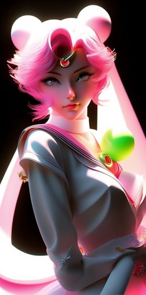  Lady Serenity, handsome expression,Sailor Moon, beautiful girl,  medium breast pink hair,sailor suit,Double tail, elegant, detailed,blind box,fluorescence,bright light, clay material,precision mechanical parts, close-up intensity, bright light, material precision chase close parts 3 detailed,3d, ultra-detailed, C4D, octane rendering, Blender --style expressive