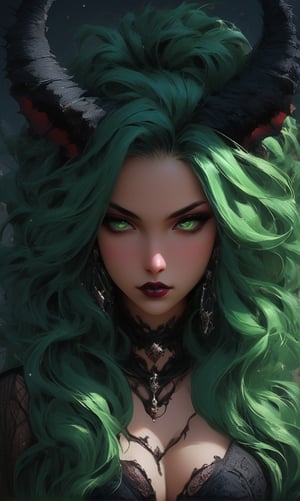 (best quality, masterpiece, colorful, dynamic angle, highest detailed)upper body photo, fashion photography of cute succubus girl, gothic, large demon red wings (high resolution textures), long green hair, (abstract art), half demon, crimson cat iris, cat eyes, vampire very long fangs, (intricate details, hyperdetailed:1.15), detailed, moonlight passing through hair, (official art, extreme detailed, highest detailed), real