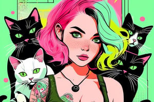 quirky sexy girl solo breast with pink hair, Gemma Correll, with freckles and a cat on her shoulder, photo-manipulated, cyberpunk genre, pastel green realistic image.,