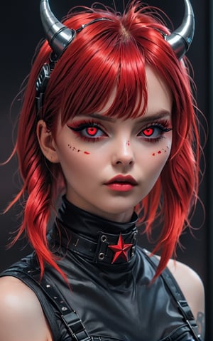 score_9, score_8_up, score_7_up, kyuyongeom, metal horns, 1girl, solo, portrait, cyberpunk cyborg, hair covering one eye, twintails chin-length hair, scarlet red hair,welding seams, black choker with [red ruby gem : soviet red star:0.3],, ,trending on dribbble, ad, aesthetics, aesthetic, pv,
